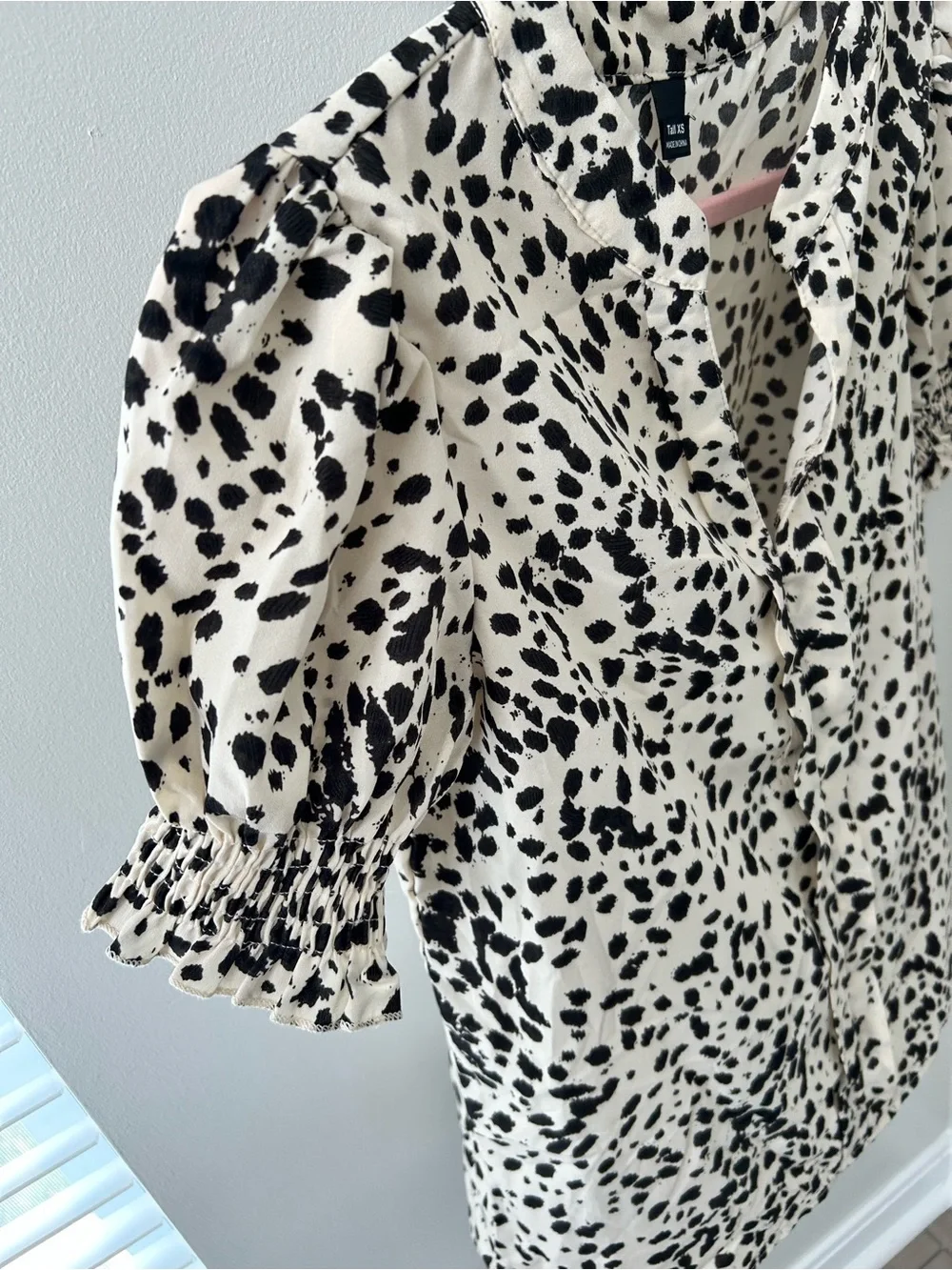 ZARA Cream and Black Dalmatian Print Gathered Puff Sleeve Blouse. BRAND NEW!